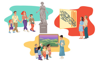 Museum gallery, people tourists visiting exhibits, paintings and statues, children and people watching the sights, guided tour, listening audio guide. Vector illustration