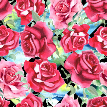 Watercolor pink and red roses. Seamless pattern. watercolor background