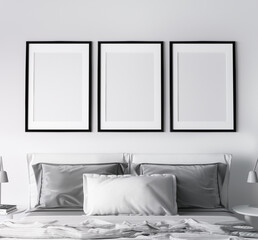 Frame mockup in modern bedroom design, three black frames on bright white wall, 3d render