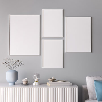 Frame mockup in minimal room design, trendy home decor, 3d render