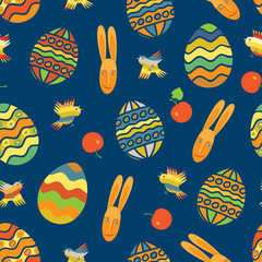 Easter seamless pattern in childish style. Decorative vector background with cute drawings of easter eggs, rabbits and birds on a dark blue backdrop. Suitable for wallpaper, wrapping paper, textiles
