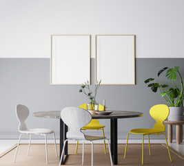 Modern dark grey interior, yellow and gray dining room, colors of the year 2021, 3d render