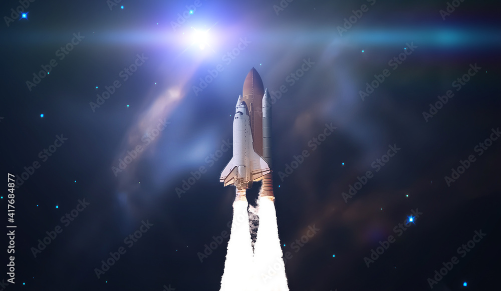 Wall mural the abstract intergalactic spaceship shuttle fly to the stars in outer space. elements of this image