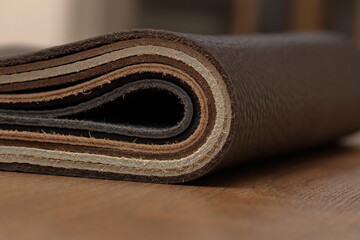 close-up of a stack of genuine leather