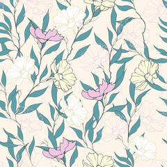 Spring floral pattern with daisies in pastel colors. Vector seamless wildflowers print hand drawn.