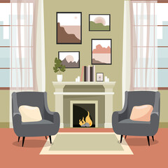 Vector illustration of a modern living room with fireplace and armchairs.