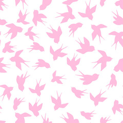 Seamless pattern with pink swallow silhouette on white background. Cute bird in flight. Vector illustration. Doodle style. Design for invitation, poster, card, fabric, textile