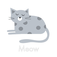 Vector cartoon cute grey cat isolated on white background for cute postcard, logo, for the design of a children`s room, for invitations, greeting cards, business card