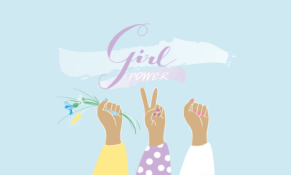 girl power lettering. Vector illustration girls hands in the air. 