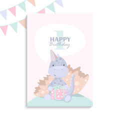 Happy birthday greeting card with cute dinosaur