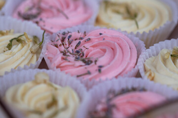 Beautiful and airy pink and yellow cakes. Sweet marshmallow in pastel colors.