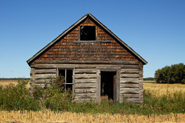 The front of an abandoned gray weathered log cabin in good shape in a field in a countryside...
