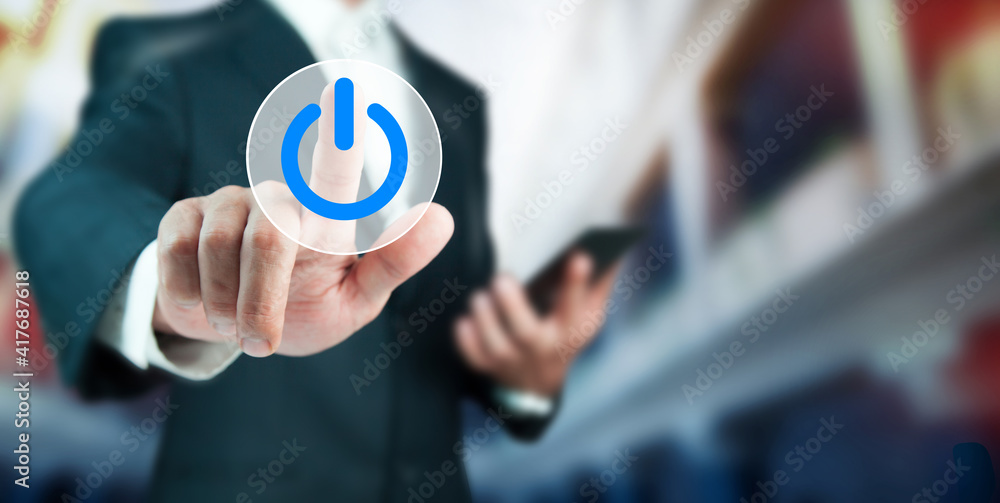 Poster man holding phone with power button
