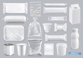 Polyethylene and polystyrene packaging for food, 3d realistic vector set mockup - 417687642