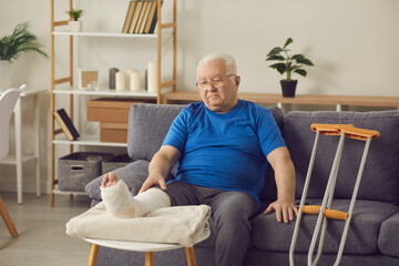 Rehabilitation after accident: Senior patient with bone fracture spends recovery period at home....