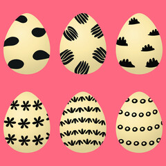 Set of Easter eggs with black and white patterns. Six natural colored eggs. For design of Happy Easter cards, decor, textiles, fabrics, packaging, wrapping paper, banners, templates