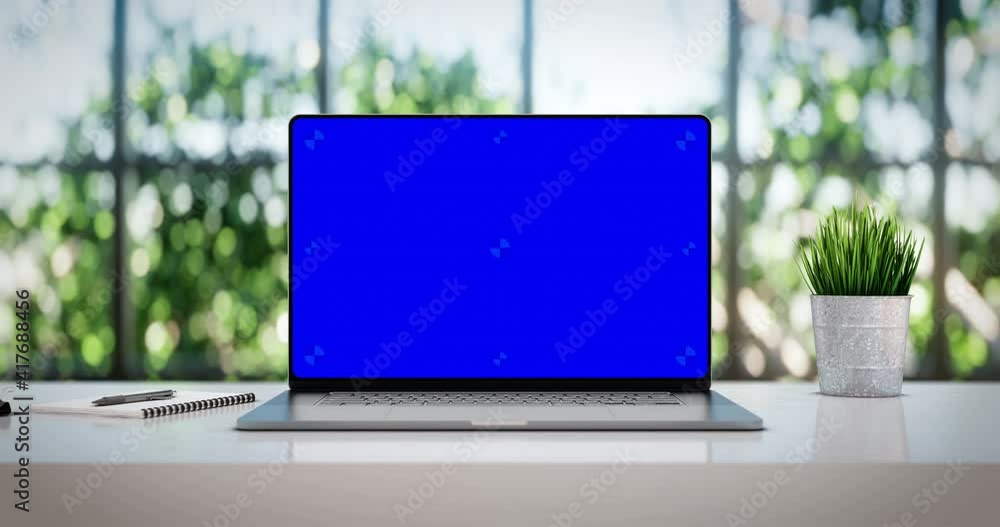Poster modern laptop with blank frameless screen smooth zoom in - white table with mouse and notepad. home 