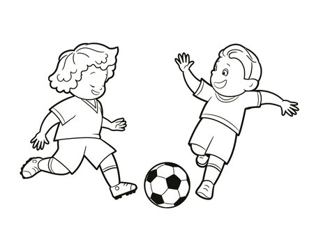 Coloring book: guys, boys, future football players are playing with a soccer ball. Vector illustration in cartoon style, isolated black and white line art