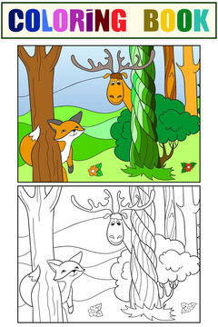Animals play hide and seek. Set of coloring book and color picture.