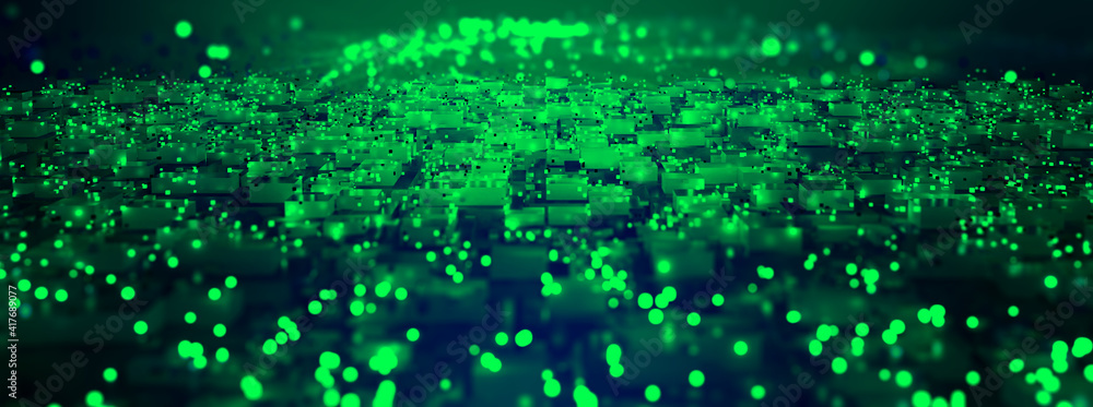Aufkleber Cyber city, digital technology and Information Security. Big data concept. Digital space. Futuristic databases and artificial intelligence. Abstract 3D illustration of quantum mega computer