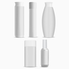 Cosmetic bottle package mockup, white pack. Shampoo bottle luxury blank template. Hygiene heathcare packaging collection. Balm tube vector illustration for branding, bath milk design