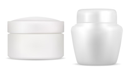 Cream jar cosmetic white package. Creme bottle mockup, round 3d vector blank. Realistic lotion packaging for corporate identity branding. Skin blush makeup can, beauty jar template