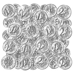 Background artistic collage of Euro coins in a chaotic mess. Graphite pencil on paper. Black and white version