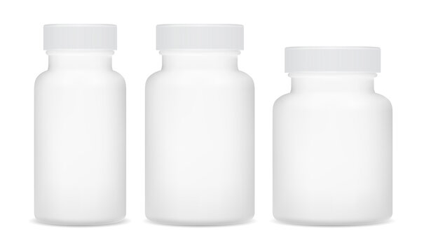 Pill bottle, white supplement package. Plastic medicine jar. Drug capsule bottle, 3d vector container isolated on background. Prescription remedy bottle, big and small tablet jar, placebo packaging
