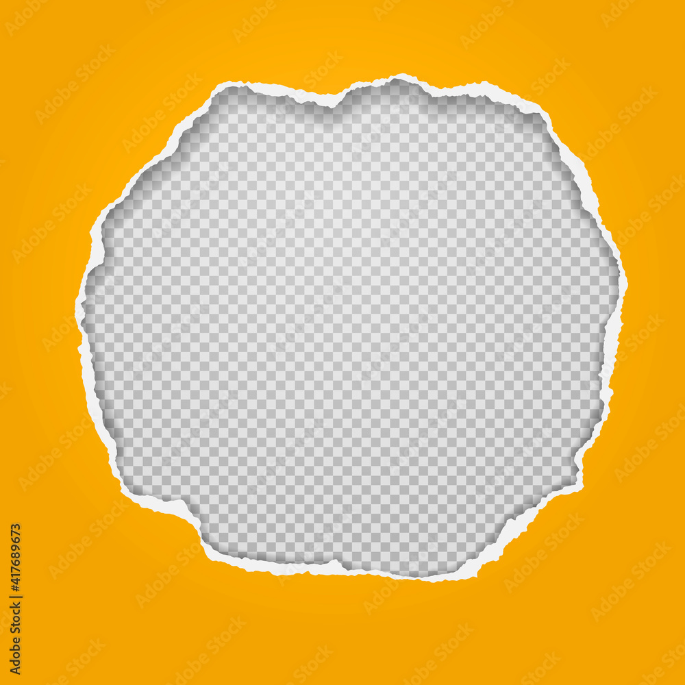 Poster round hole composition in yellow paper with torn edges and soft shadow is on squared, transparent ba