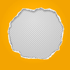 Round hole composition in yellow paper with torn edges and soft shadow is on squared, transparent background. Vector illustration