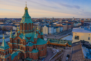 Fototapeta na wymiar Finland, Helsinki. February 27. View of the Assumption Cathedral, the red church. , photo from drone.