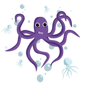 vector illustration of an angry purple octopus among bubbles and jellyfish. Isolated on a white background