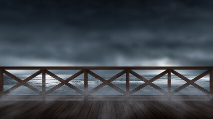 Naklejka premium Night cold seascape, fantasy island and wooden pier by the sea. Dark forest. Cold frozen water, reflection of light in water. 3D illustration. 