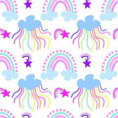 Seamless vector pattern with cute rainbows and stars and clouds. Trendy baby texture for fabric textile wallpaper apparel wrappingWallpaper, flyers, invitation, posters, brochure, 