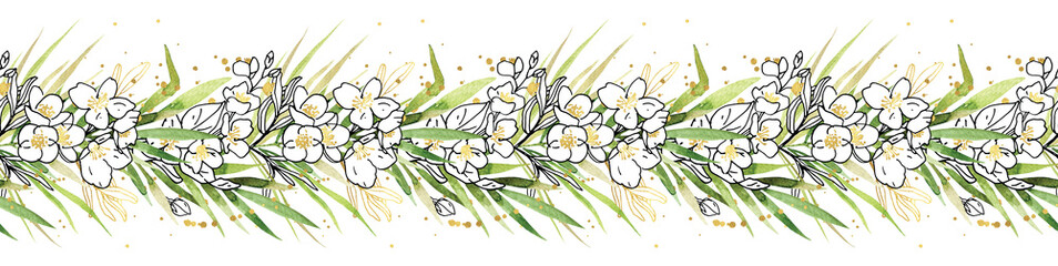Seamless blooming floral border composition. Watercolor white jasmine flowers isolated on white