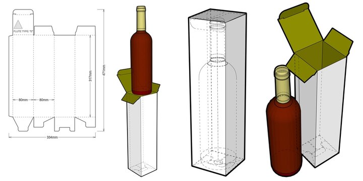 Wine Bottle Box and Die-cut Pattern. The .eps file is full scale and fully functional. Prepared for real cardboard production.