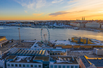 Finland, Helsinki. February 27. Sunny evening, sunset over the Baltic Sea. Scandinavia. View of the spring city.