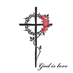 illustration of christian cross and thorn crown with roses isolated on white background