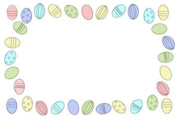 Easter background frame from egg contours on white and spots, multicolored.