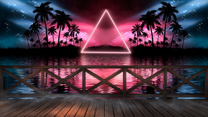 Night seascape with sunset and wooden pier by the sea. Evening Shore with palm trees, beach party. Neon sunset, sunlight, neon lights, neon reflection in water. 3D illustration. 