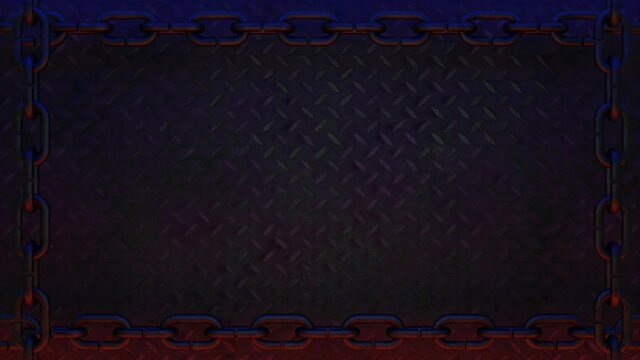 Animation of black metal diamond plate background with chain border decorate with red and blue light 3d render