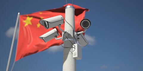 Flag of China and four security cameras, 3d rendering