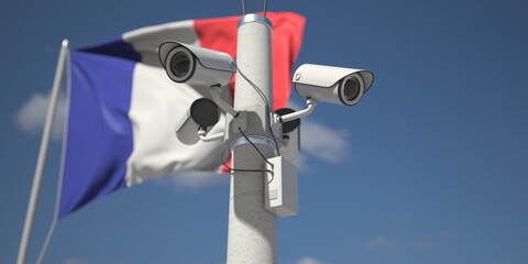 Naklejka na ściany i meble Waving flag of France and the security cameras. 3d rendering