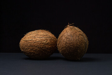 Isolated coconut on a black background. Two whole coconuts on a dark background. Healthy fruit