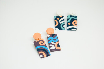 Colorful summer earrings.Polymer clay jewelry isolated.