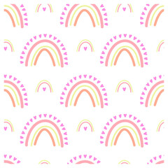 Seamless pattern with cute rainbows and hearts. Cute pastel rainbow with words hugs and kisses. Valentines day. Coloring graphic illustration, Design elements for Valentine's day. 