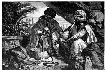 Snake charmers, madras, Chennai, India. Culture and history of Asia. Vintage antique black and white illustration. 19th century.