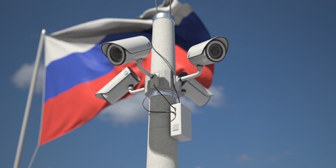 Flag of Russia and four security cameras, 3d rendering