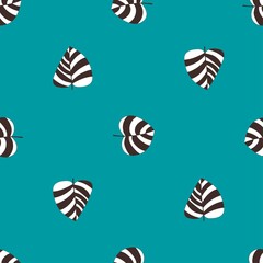 Bright summer mood seamless pattern with leaves vector. Tropical striped leaves on peacock color background dot pattern. Positive bold colors endless floral texture. Minimalistic peacock color pattern