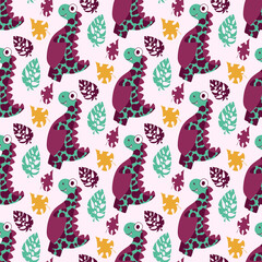 Dinosaur and leaves seamless pattern stock vector illustration. Cartoon friendly dino and monstera leaves by purple, green, yellow and pink colors. Jurassic era animals funny pattern. One of a series